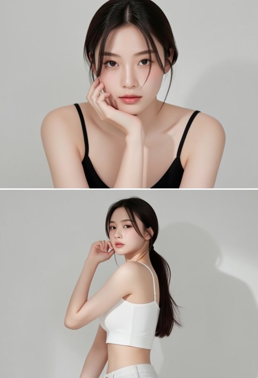 collage-photo of a young East Asian woman in a minimalist aesthetic; a 1x2 vertical stack. Top frame: Close-up of her face...