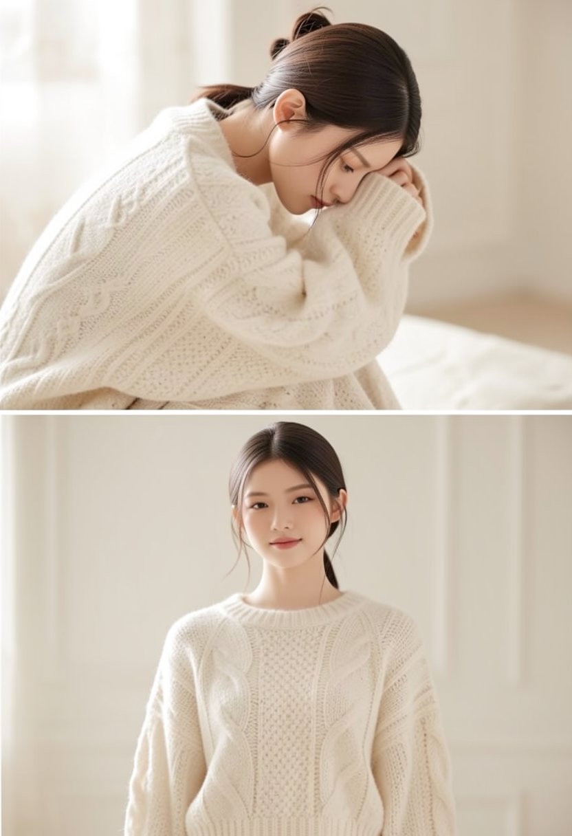 collage-photo of a model in luxury knitwear; a 1x2 vertical stack. Top frame: She is hunched over,  chin on knees,  lookin...