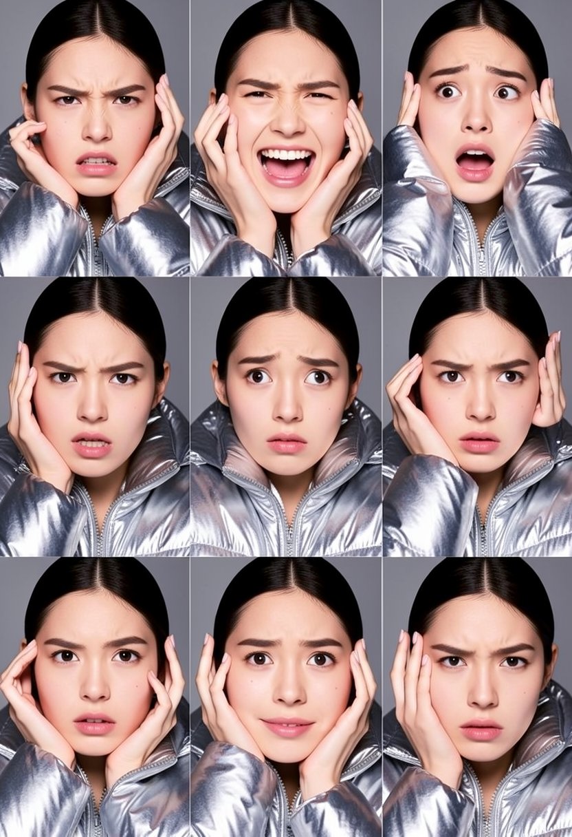 collage-photo of a high-fashion model in a metallic silver puffer jacket; a 3x3 square grid. The nine frames capture a rap...