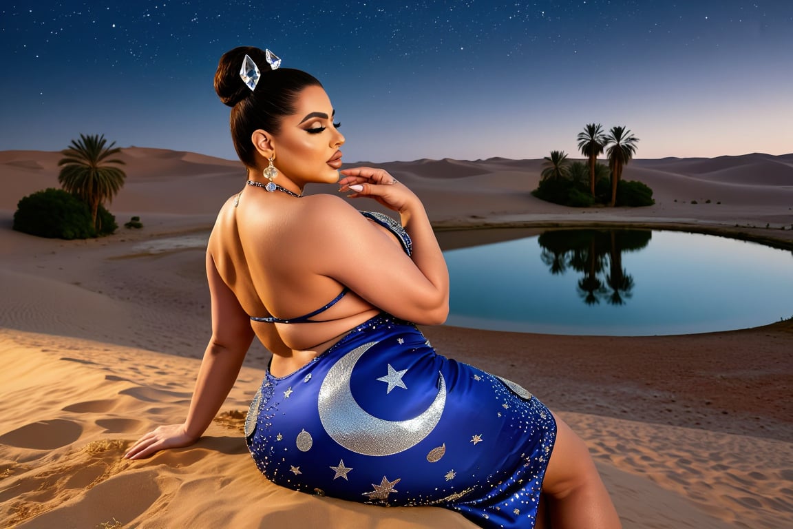 A serene curvy voluptuous thicc woman with golden skin and hair in a sleek bun with crystal pins,  sitting by a desert oas...