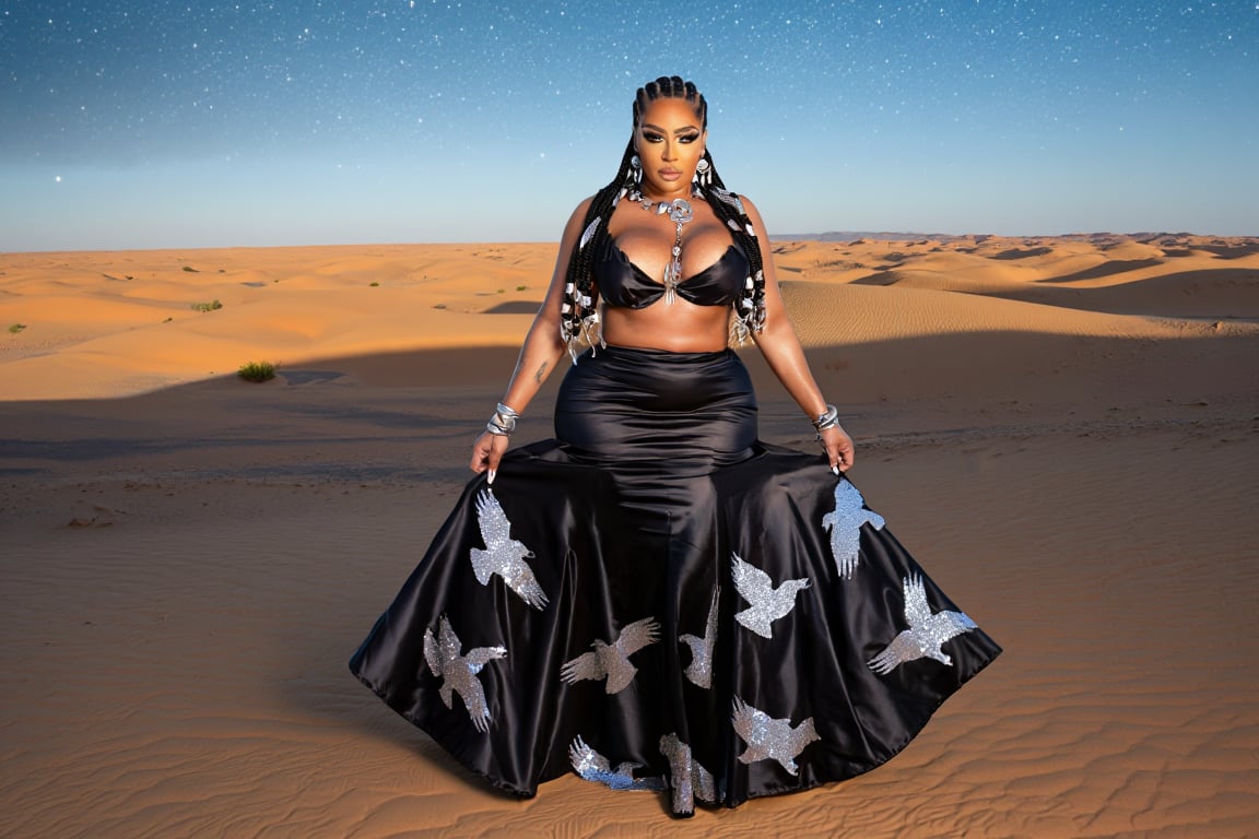 A confident curvy voluptuous thicc woman with deep brown skin and cornrows with silver charms,  standing tall in a desert,...
