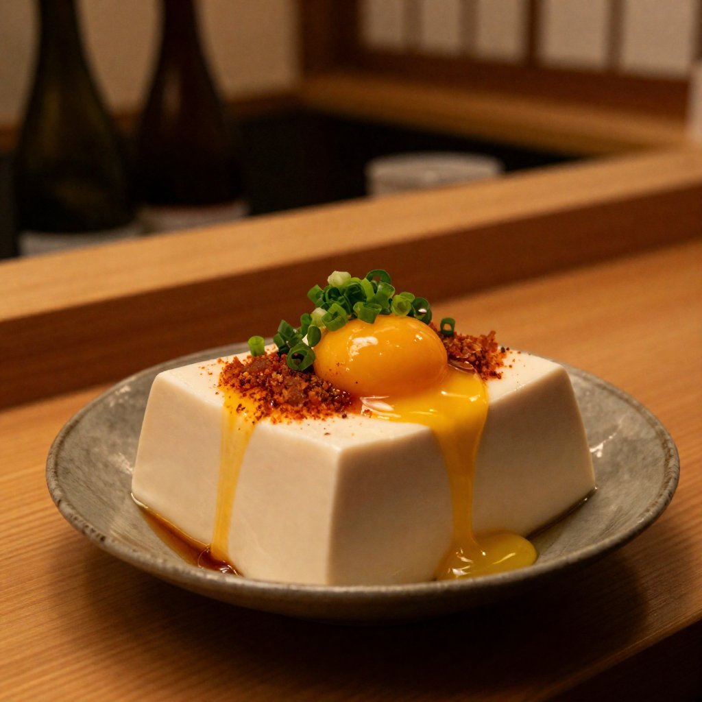 Hyper-realistic Japanese izakaya night scene featuring Hiyayakko. The tofu is topped with grated yam (tororo),  raw egg yo...