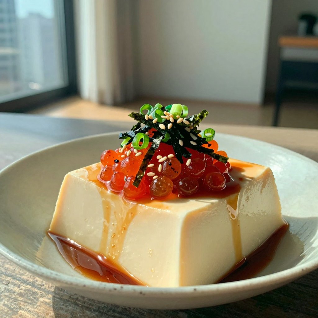 Photorealistic Japanese cuisine photography of Hiyayakko (silken tofu) served in a modern Tokyo apartment during morning l...