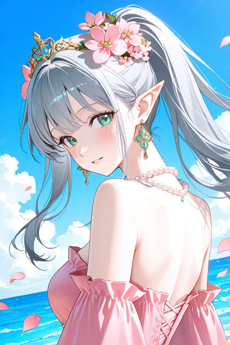 A digital illustration shoot from a profile camera angle about a girl with long,  wavy gray hair adorned with pink flowers...