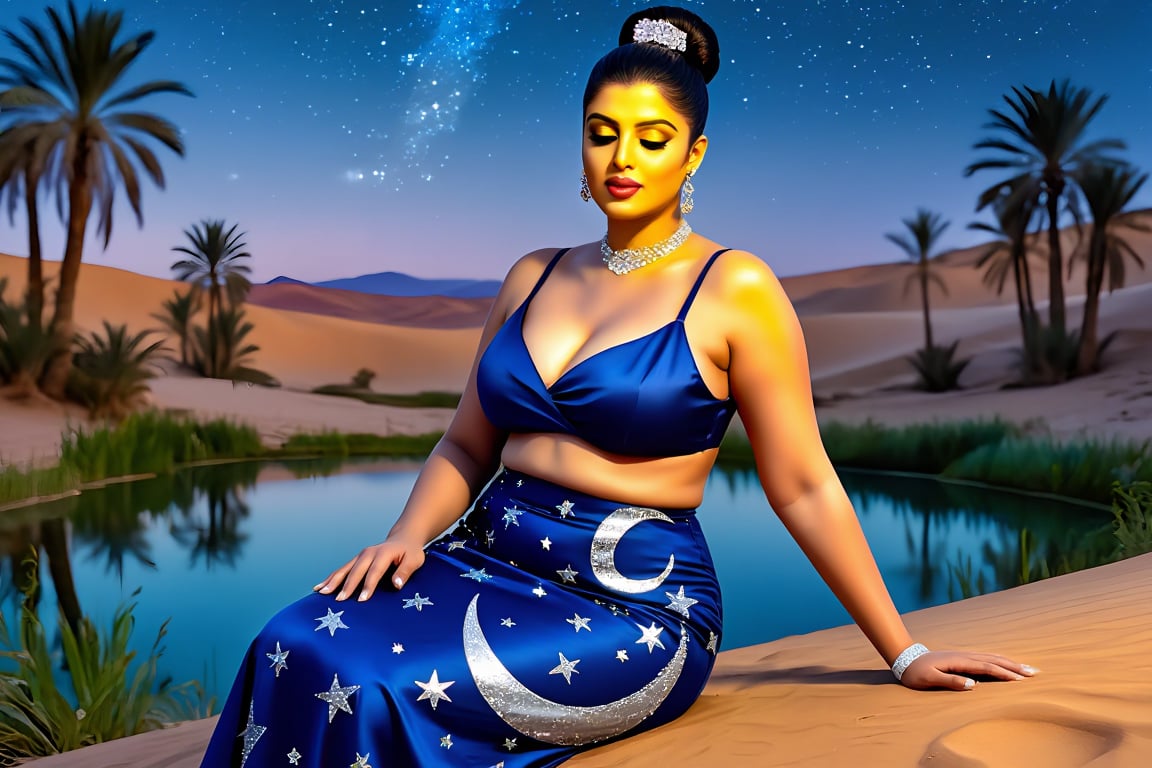 A serene curvy voluptuous thicc woman with golden skin and hair in a sleek bun with crystal pins,  sitting by a desert oas...