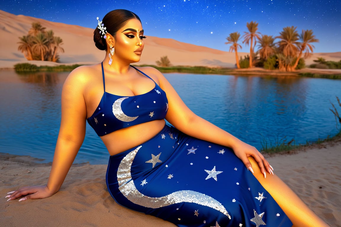 A serene curvy voluptuous thicc woman with golden skin and hair in a sleek bun with crystal pins,  sitting by a desert oas...