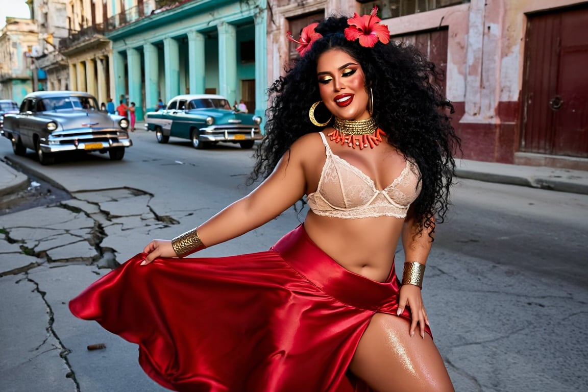 A beautiful curvy woman from Cuba,  with sun-drenched caramel skin glistening with a faint sheen of tropical humidity,  he...