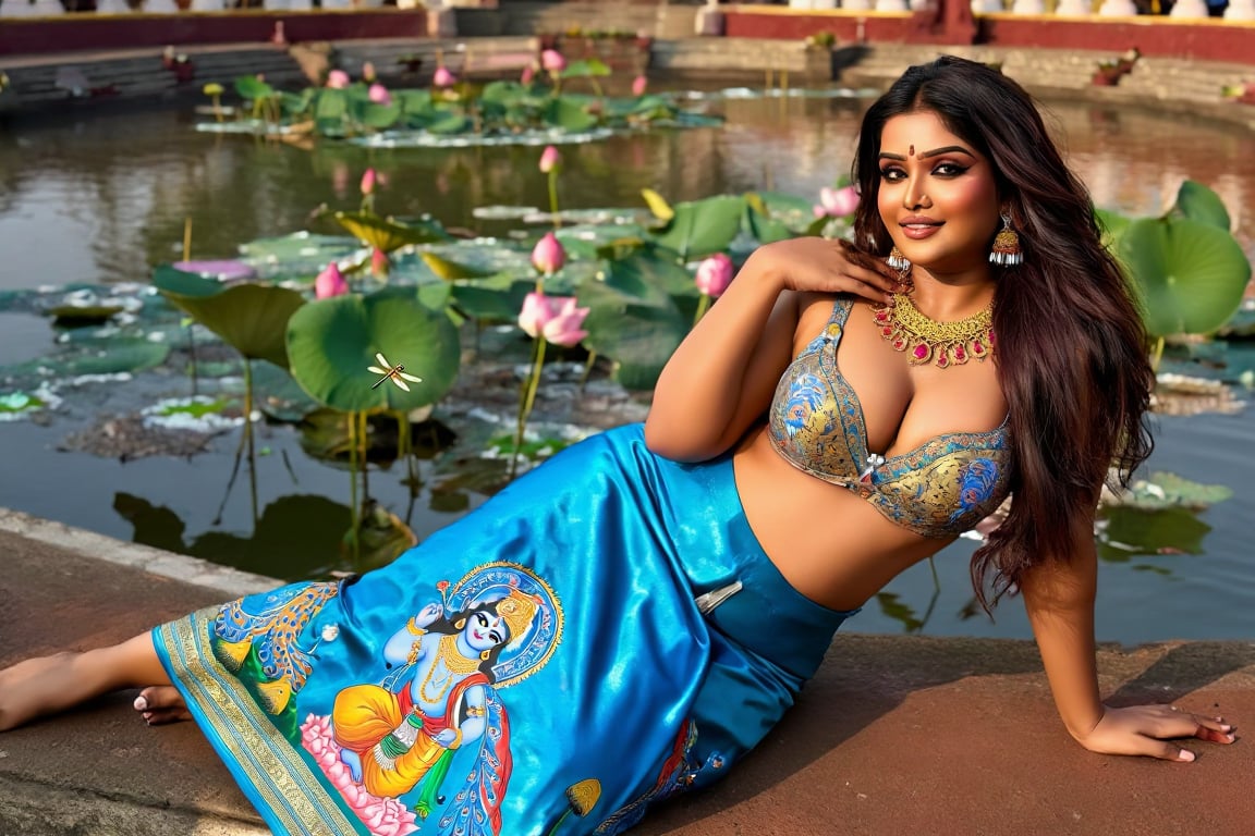 A beautiful curvy woman from Odisha,  reclining beside a still lotus pond in a summer temple garden,  the humid air heavy...