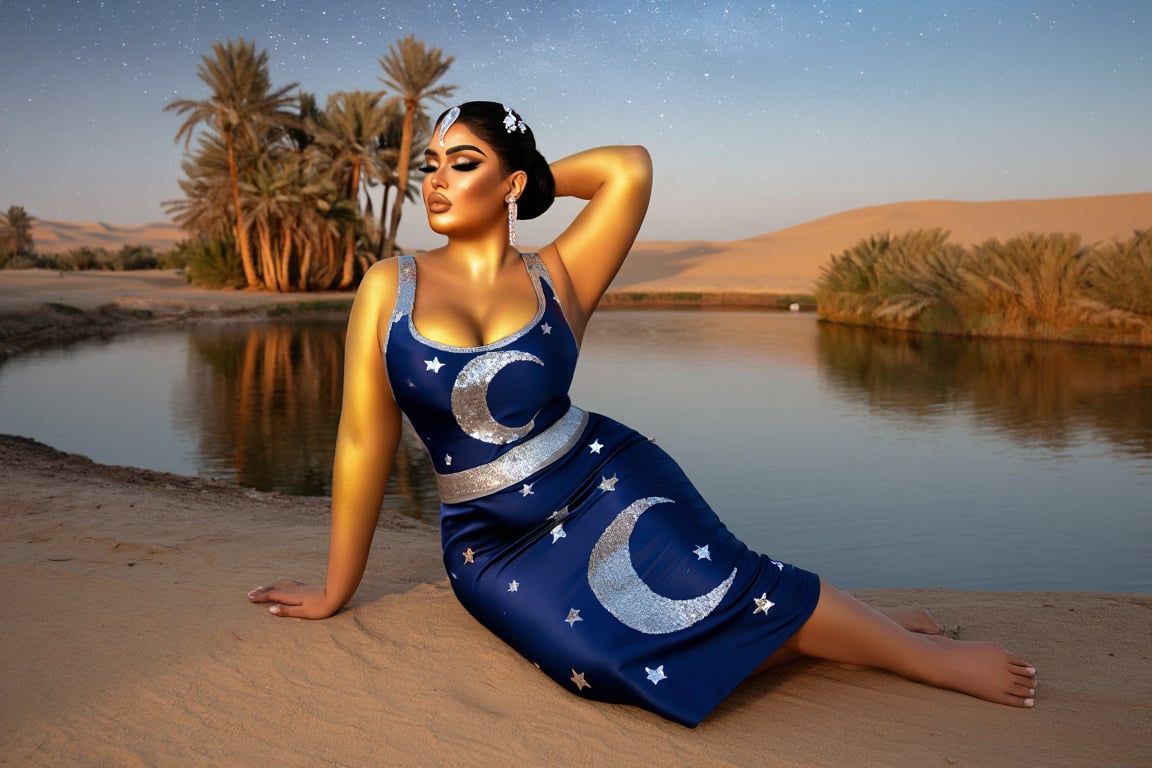 A serene curvy voluptuous thicc woman with golden skin and hair in a sleek bun with crystal pins,  sitting by a desert oas...
