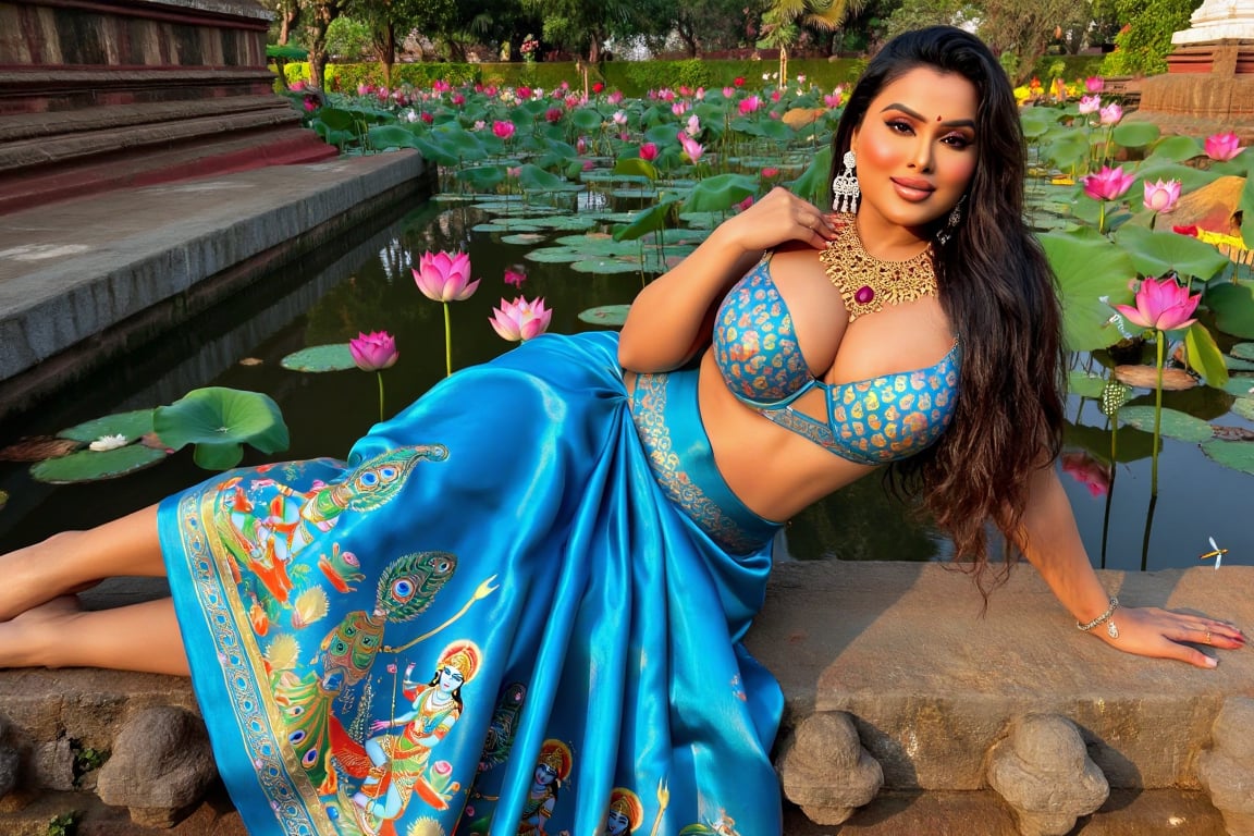 A beautiful curvy woman from Odisha,  reclining beside a still lotus pond in a summer temple garden,  the humid air heavy...