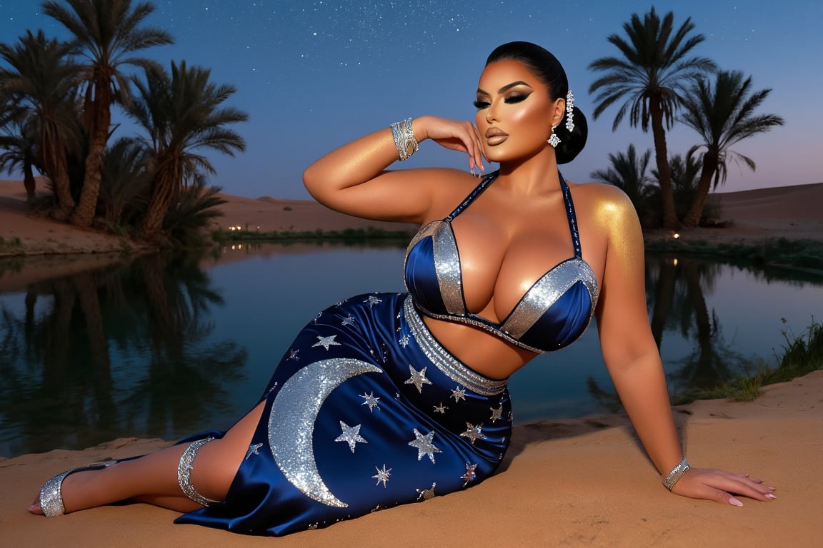 A serene curvy voluptuous thicc woman with golden skin and hair in a sleek bun with crystal pins,  sitting by a desert oas...