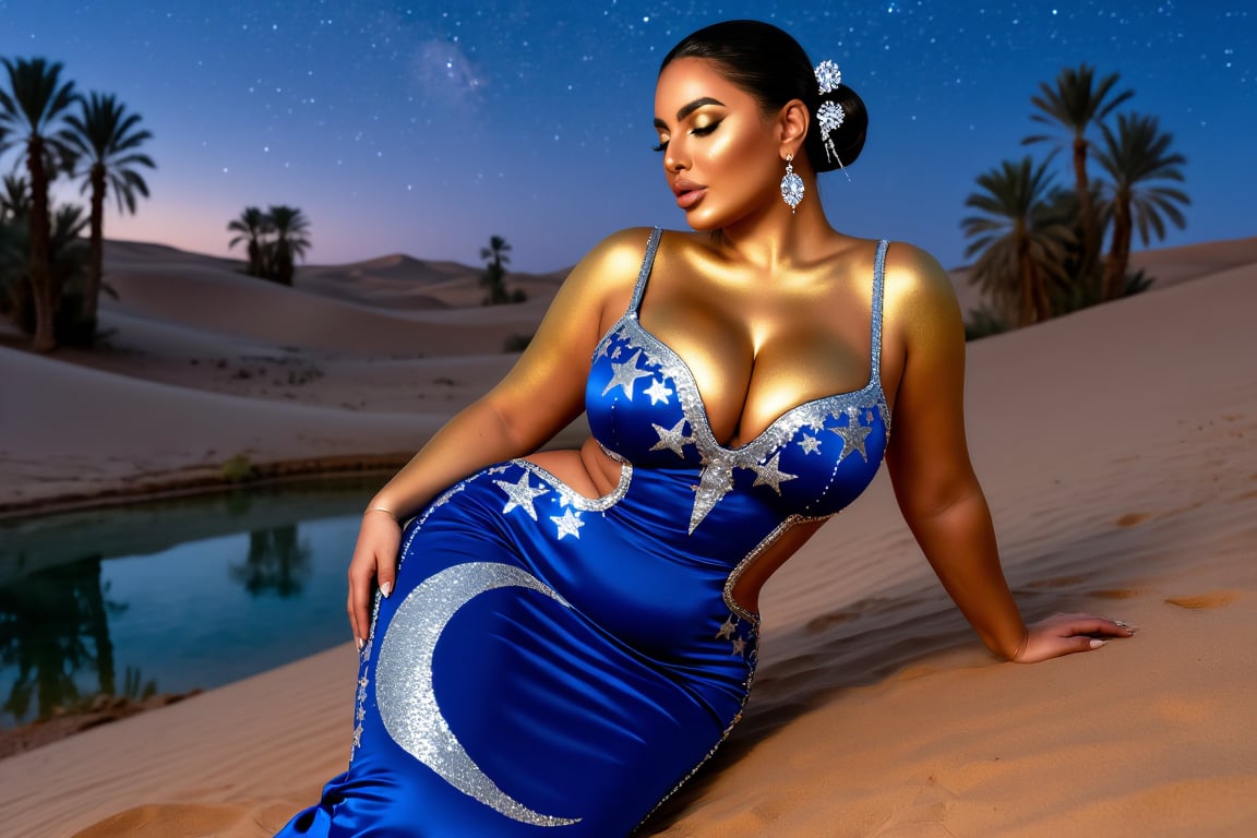 A serene curvy voluptuous thicc woman with golden skin and hair in a sleek bun with crystal pins,  sitting by a desert oas...
