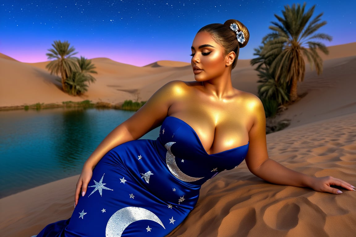 A serene curvy voluptuous thicc woman with golden skin and hair in a sleek bun with crystal pins,  sitting by a desert oas...