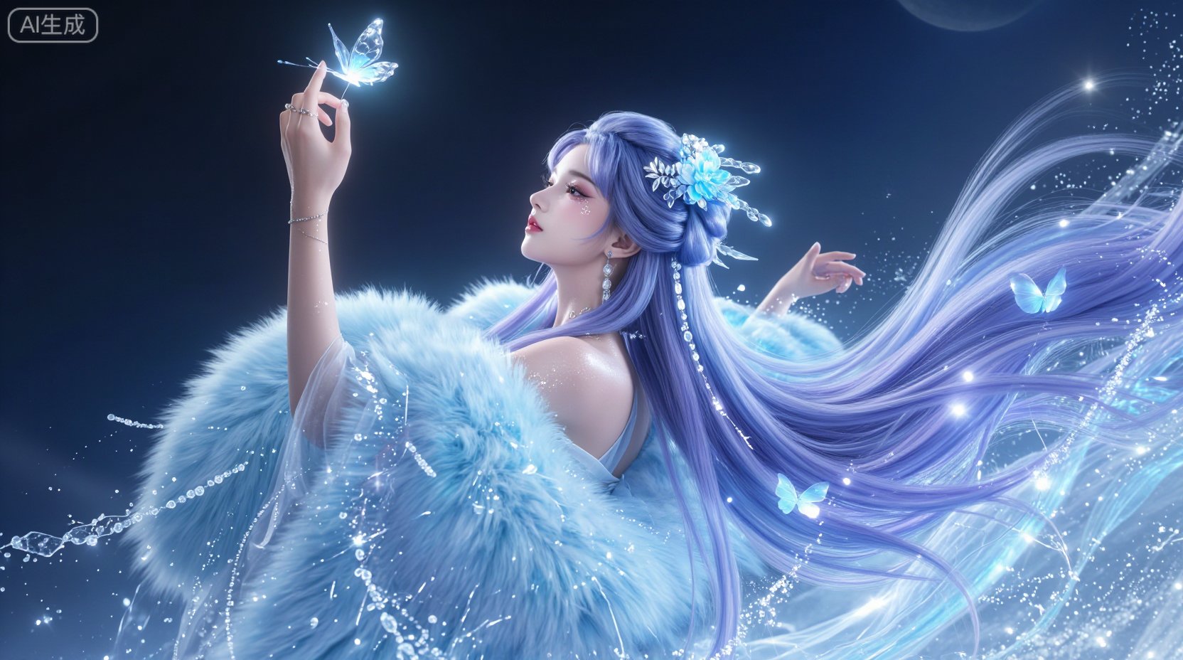 古风仙侠女性角色,  浅紫渐变长发垂肩,  发间别着冰晶发饰。动作： 她双臂微张舒展身姿 by Sayid on Tensor.Art