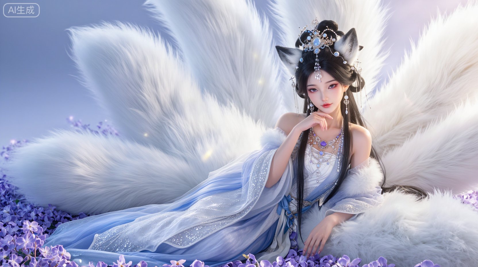 A beautiful and charming fox fairy,  with long black hair,  wearing a gorgeous headdress by Sayid on Tensor.Art