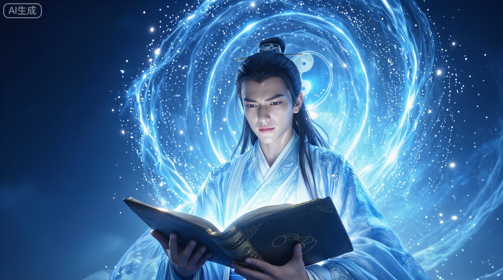 CGI,  a young handsome Taoist casting glowing blue magic spell,  a opened magic book is in front of him by Sayid on Tensor...