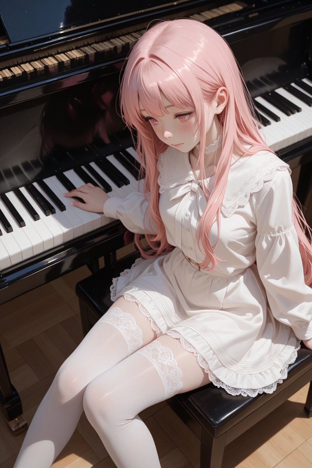 In the music classroom,  the girl's fingertips jumped on the piano keys,  and her white stockings shone like pearls in the...
