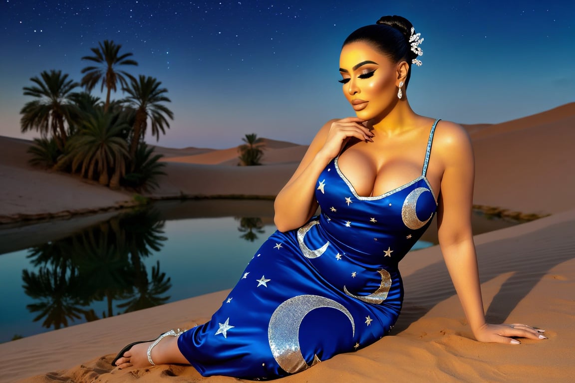 A serene curvy voluptuous thicc woman with golden skin and hair in a sleek bun with crystal pins,  sitting by a desert oas...