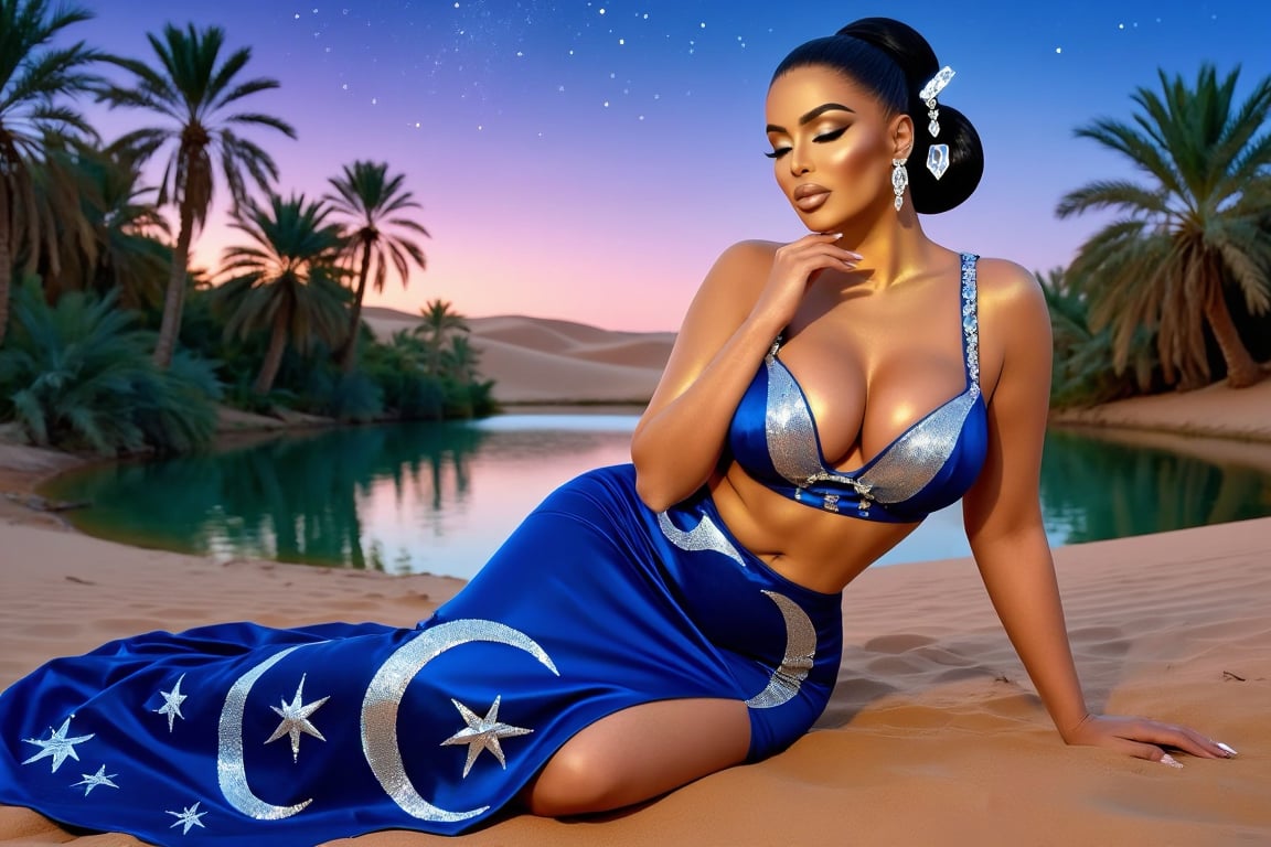 A serene curvy voluptuous thicc woman with golden skin and hair in a sleek bun with crystal pins,  sitting by a desert oas...