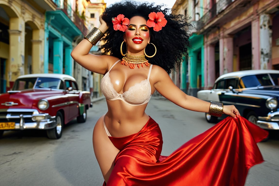 A beautiful curvy woman from Cuba,  with sun-drenched caramel skin glistening with a faint sheen of tropical humidity,  he...