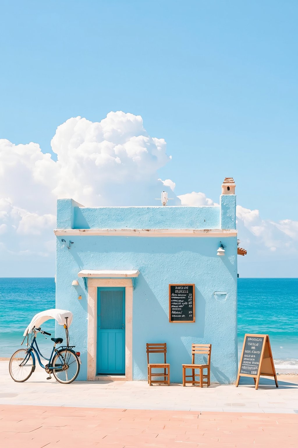 a quaint,  light blue seaside building,  rendered with a clean and precise line quality that defines its charming architec...