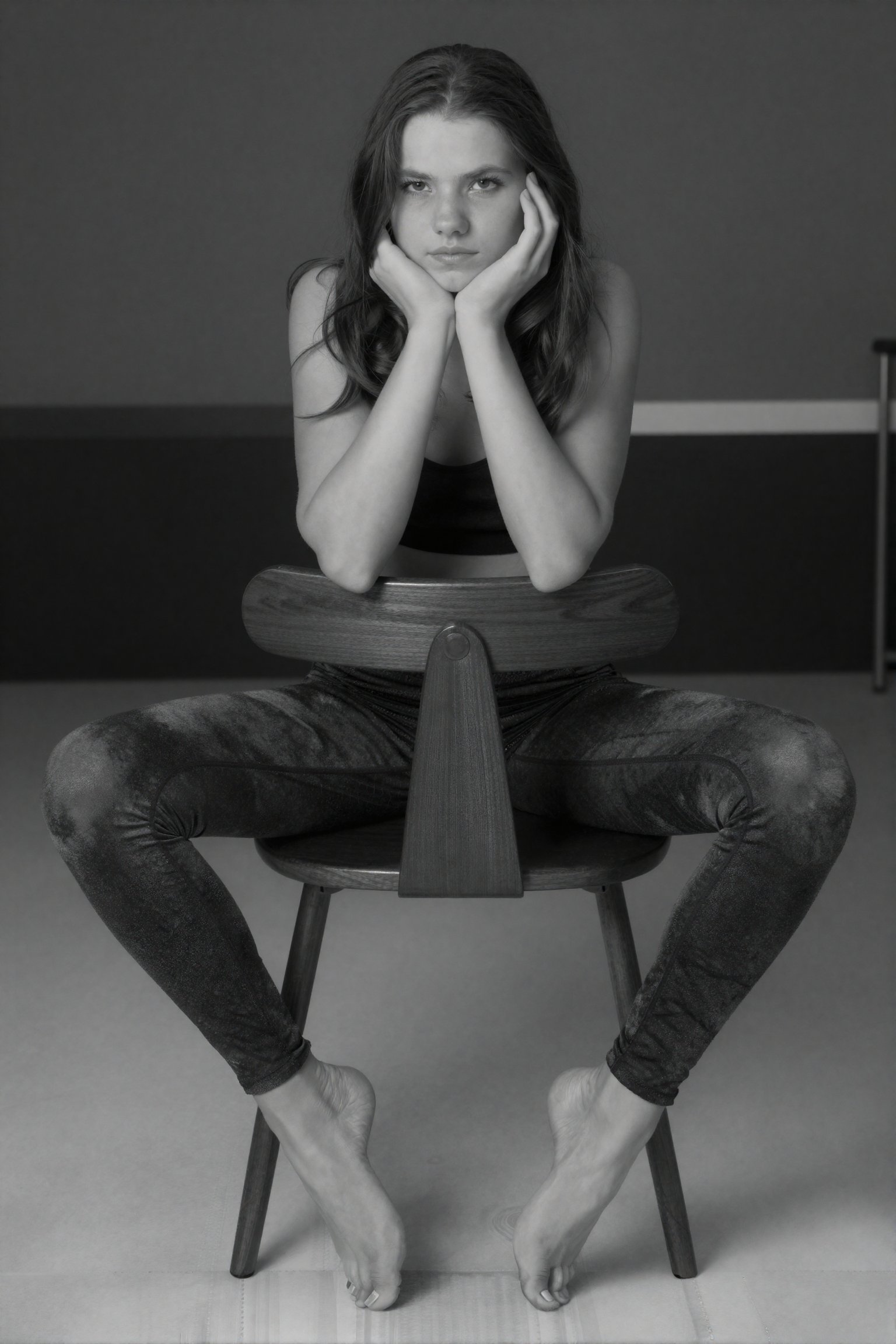 A black and white photo captures a young woman with a flirty expression,  wearing sleek patterened yoga pants,  sitting on...