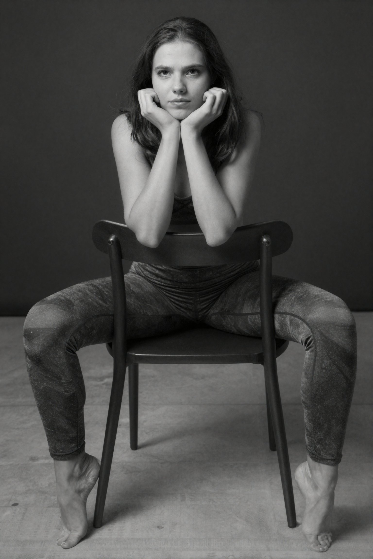 A black and white photo captures a young woman with a flirty expression,  wearing sleek patterened yoga pants,  sitting on...