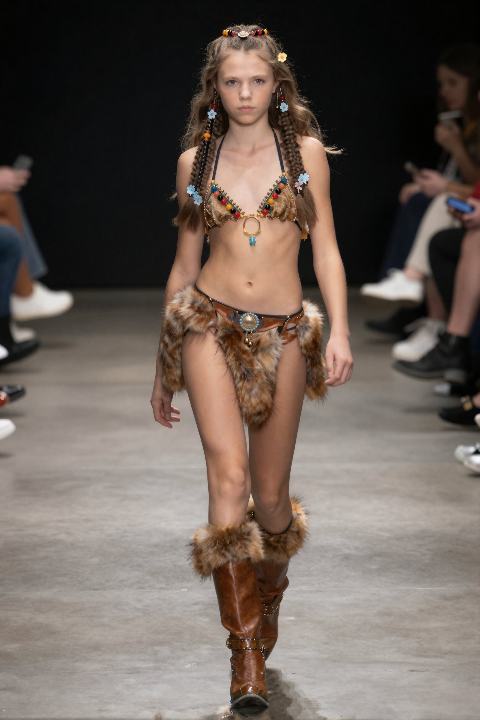 A young caucasian teen with porcelain skin,  walking the catwalk at a alternative fashion show. She's wearing fur-lined tr...