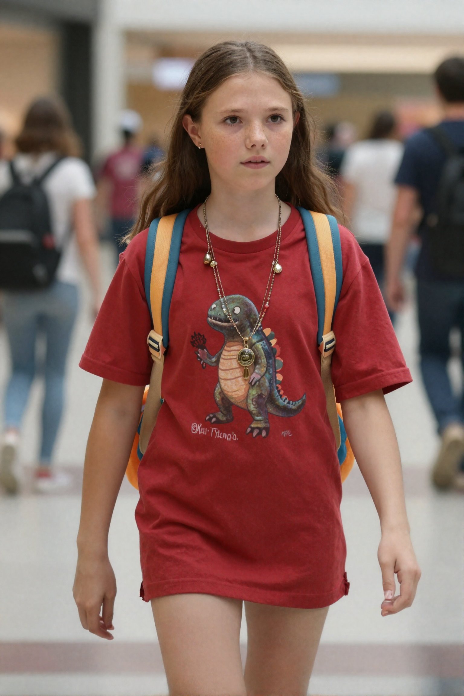 Create a three-quarter photo of a freckled young girl with her long hair tied back,  walking through the mall. She is wear...