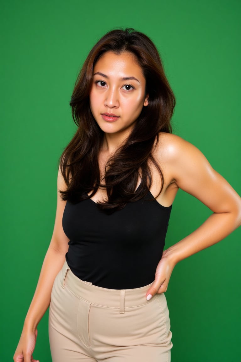 This is a photograph of a young woman with a light olive skin tone,  likely of East Asian descent. She has long,  straight...
