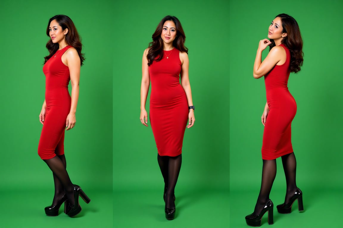 This is a studio photograph featuring a young woman with long wavy brunette hair standing against a vibrant green screen b...