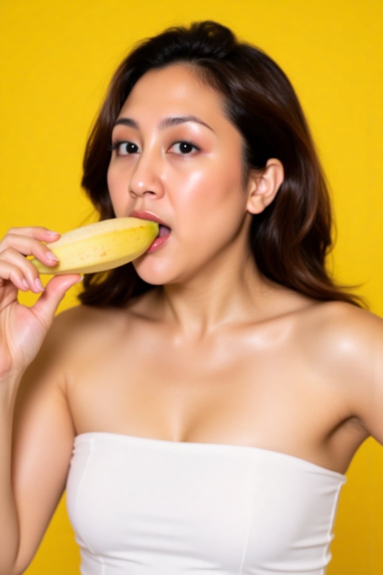 A photograph of an Asian woman with long dark hair,  wearing a white strapless top,  holding a banana close to her mouth....