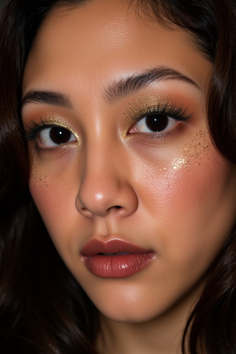 RadiantPro_v2 . Subject: Extreme close-up,  centered face composition of a woman embodying a dark fantasy aesthetic,  unre...