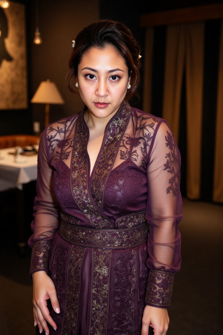 adorned with a traditional Sanggul bun hairdo,  featuring delicate braids and ornaments. She wears an exquisite purple tra...