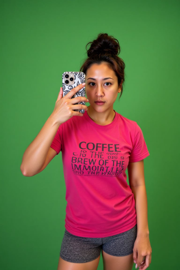 A young woman with medium brown skin and dark,  wavy hair tied in a messy bun takes a selfie in front of a green screen. S...