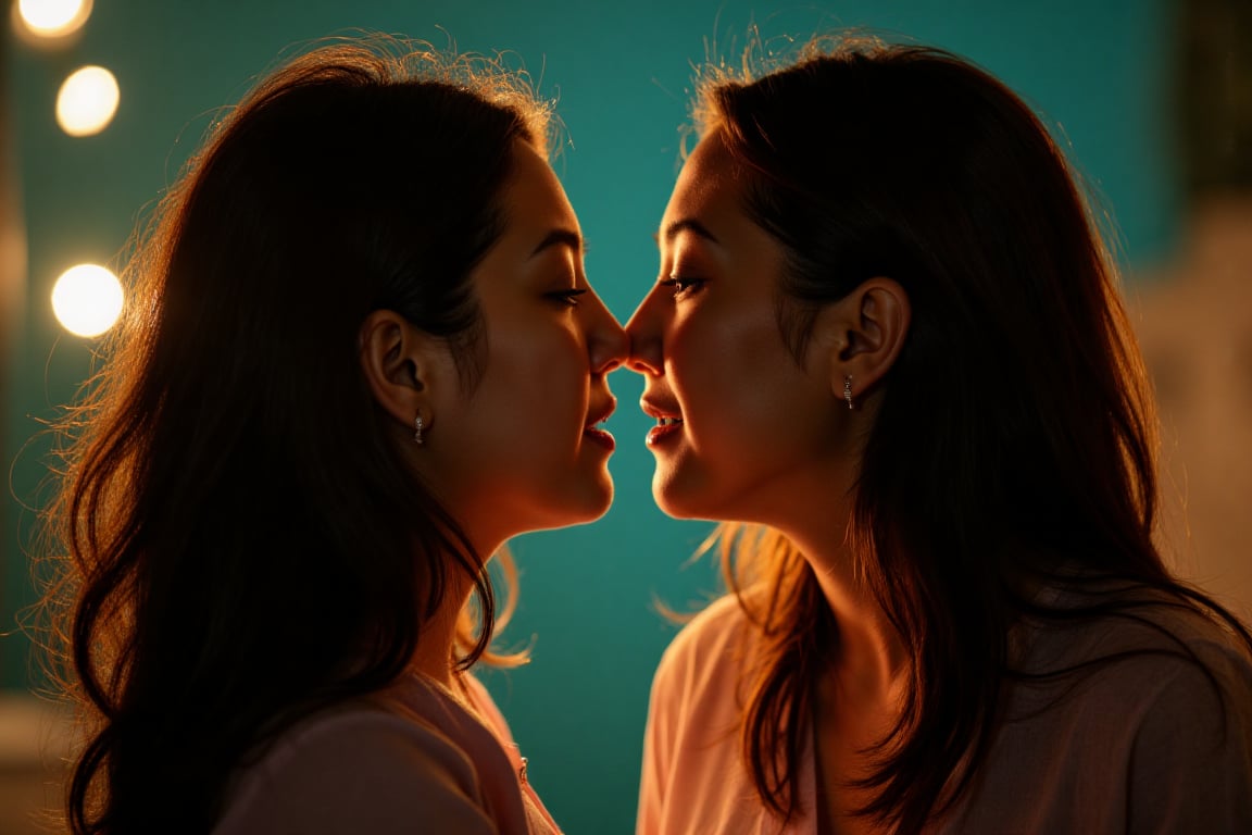 Create a romantic film scene where two women face each other,  their eyes locked in a tender gaze. The lighting is a blend...