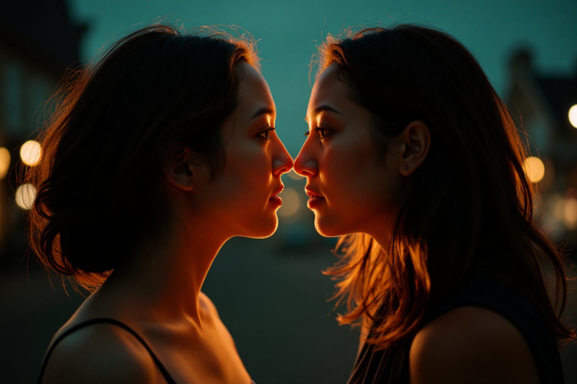Create a romantic film scene where two women face each other,  their eyes locked in a tender gaze. The lighting is a blend...