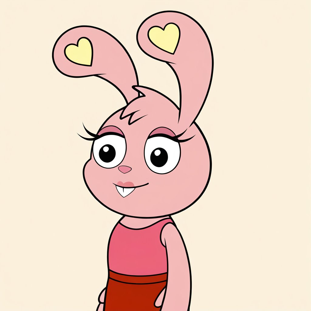 Full-body shot of a pinkheartbunny,  pink cartoon rabbit girl with heart-shaped ear markings,  long eyelashes by user_8054...