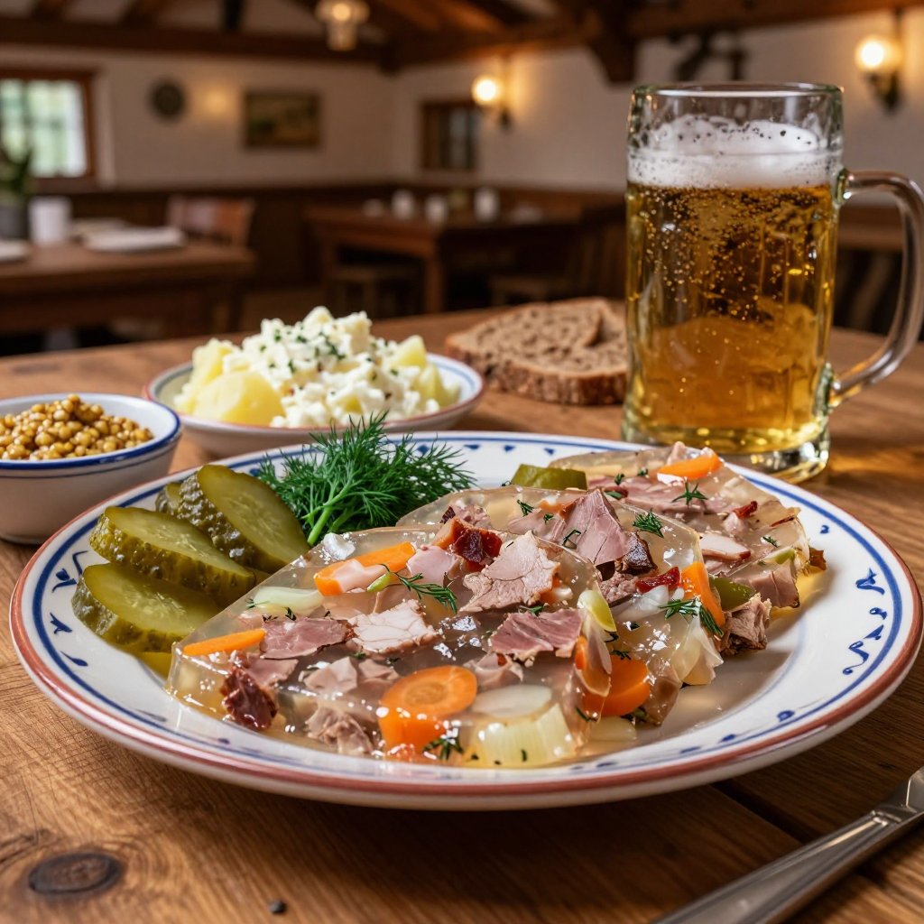 Photorealistic German traditional cuisine food photography of Sülze (German aspic meat jelly). Several thick slices of aut...