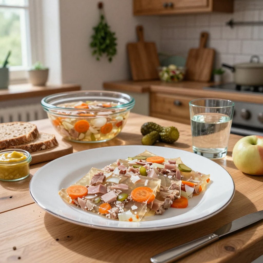 Photorealistic German home kitchen scene featuring homemade Sülze (German aspic meat jelly). Freshly prepared Sülze slices...