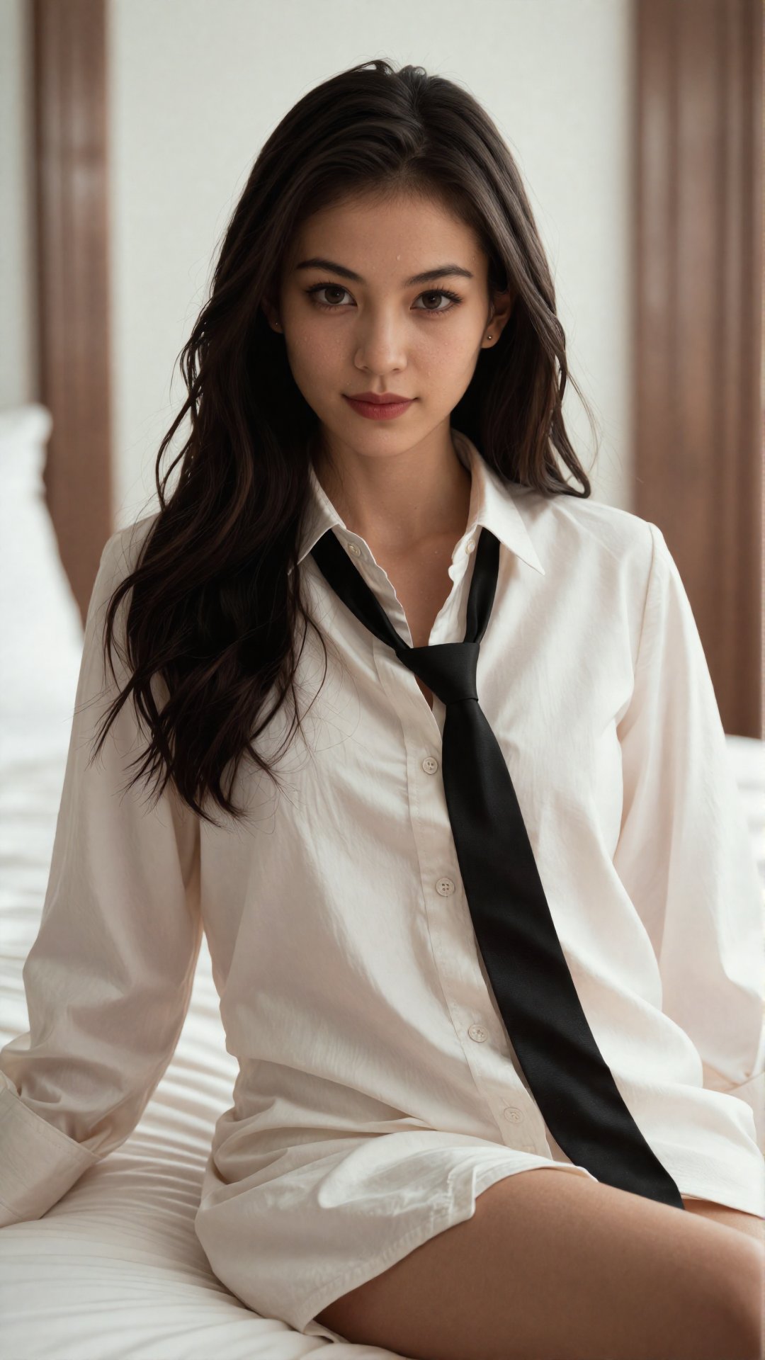 Prompt: A hyper-realistic 8k photo of a young stunning asian woman with wavy hair,  wearing an oversized unbuttoned white...