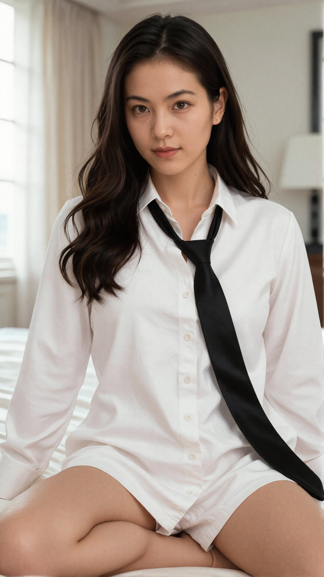 Prompt: A hyper-realistic 8k photo of a asian woman with wavy hair,  wearing an oversized unbuttoned white shirt and black...