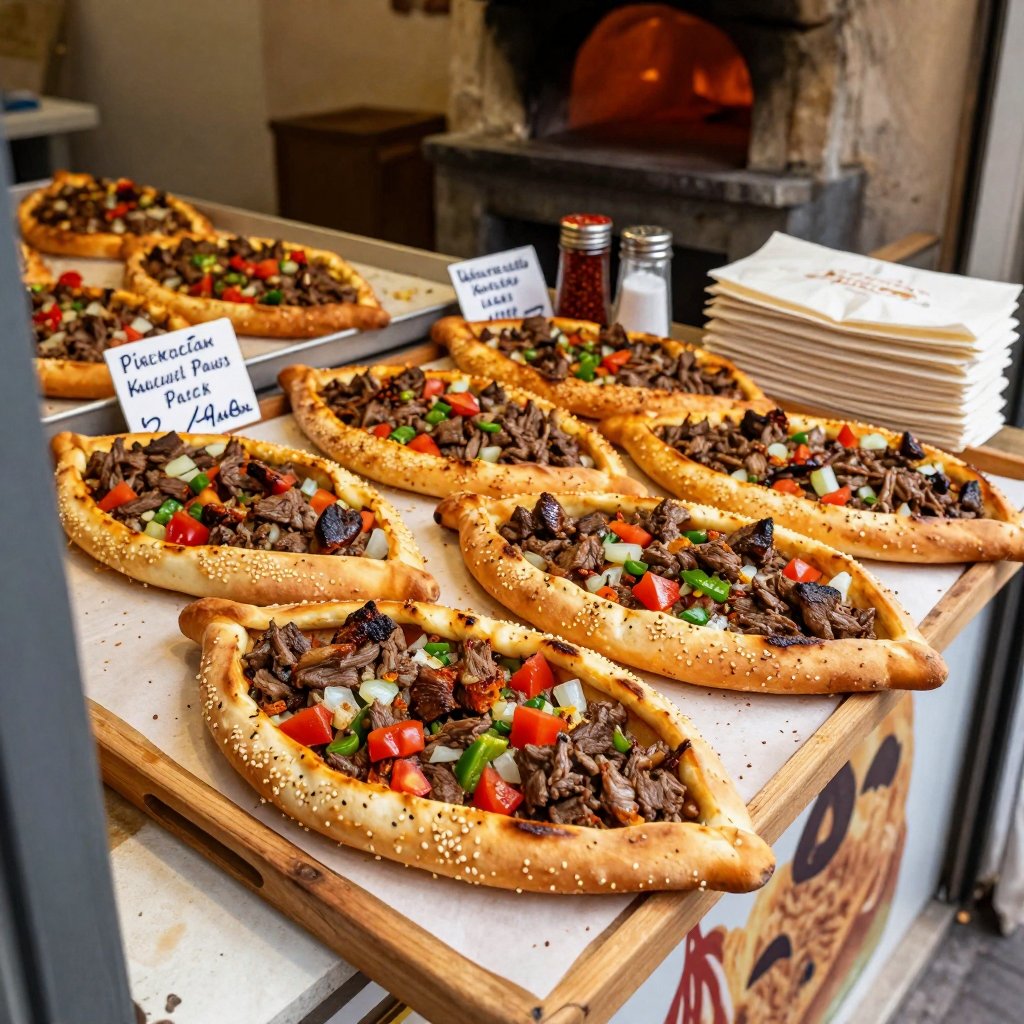 Photorealistic Turkish cuisine food photography of traditional Kuşbaşılı Pide displayed in the window of a Turkish neighbo...