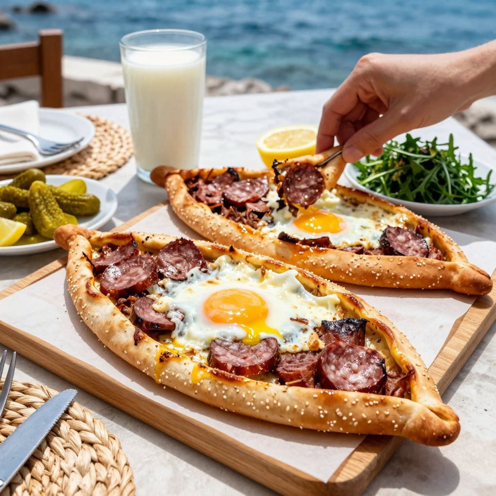 Photorealistic Turkish cuisine food photography of traditional Karışık Pide served on a seaside Turkish lunch table. Horiz...