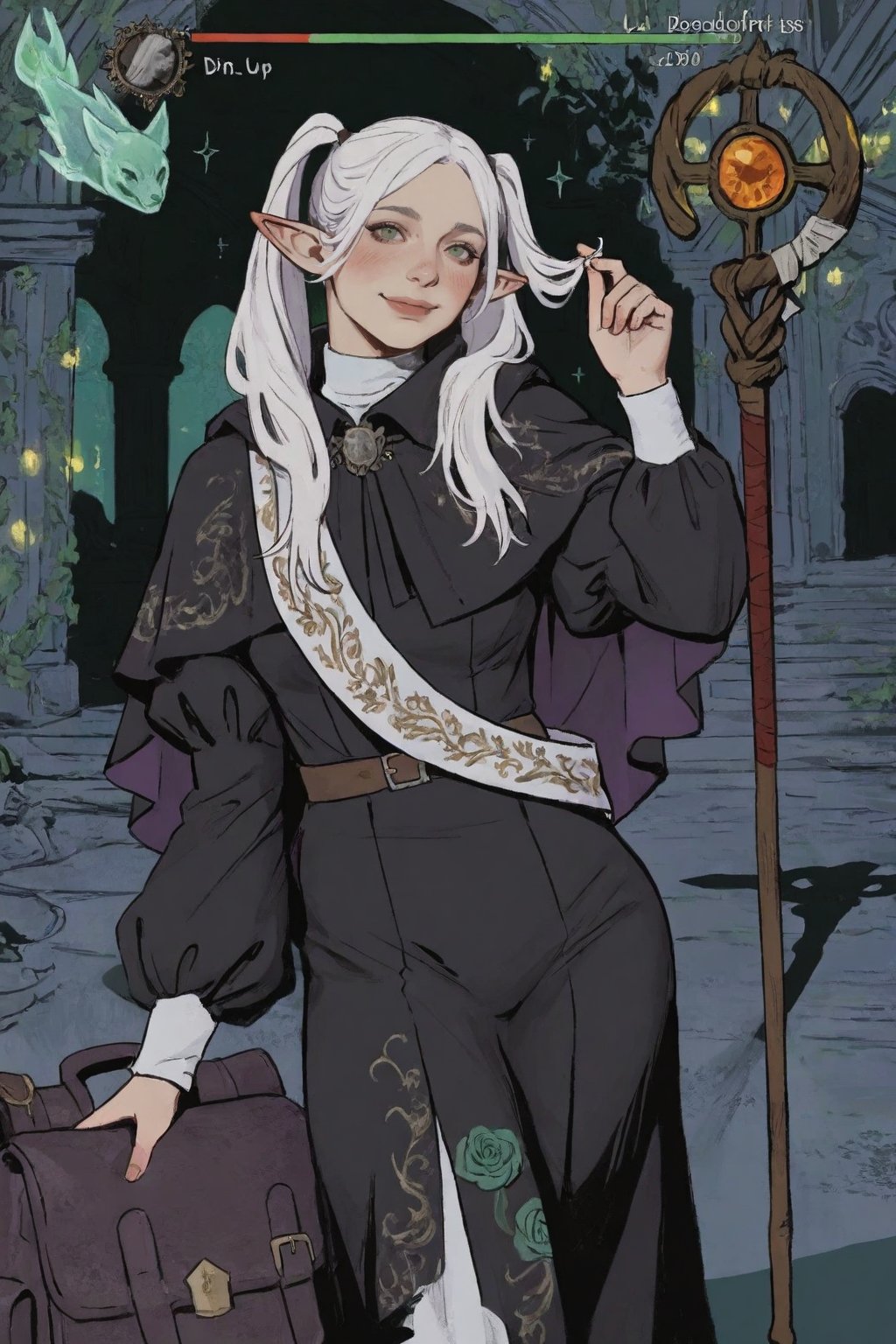 (emerald-amber eyes),  (White wood magic staff with orange crystal), by Madre_Mor on Tensor.Art