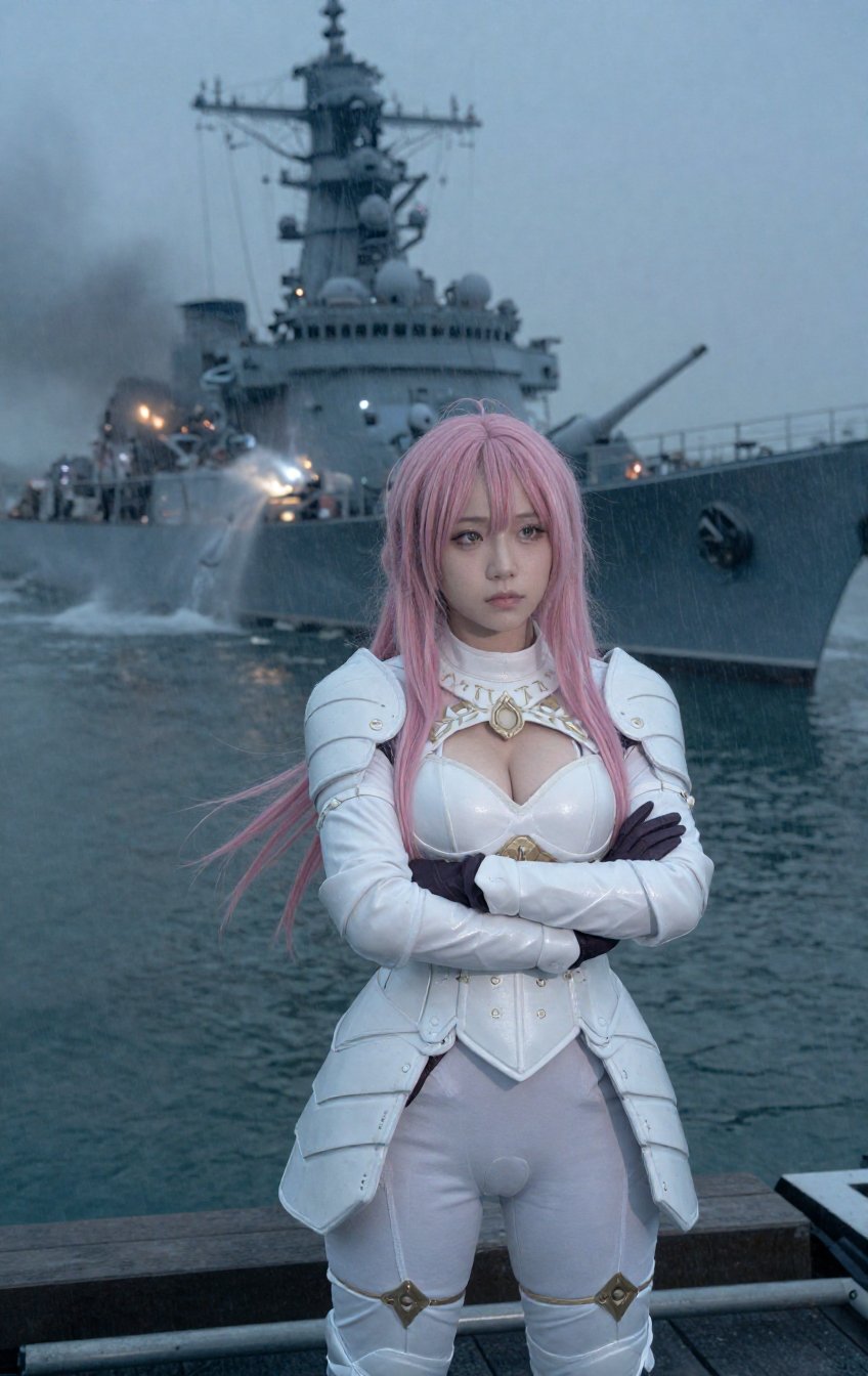 In a low-angle wide-angle view,  the heroine stands perfectly still with her body facing forward,  her expression cold by...