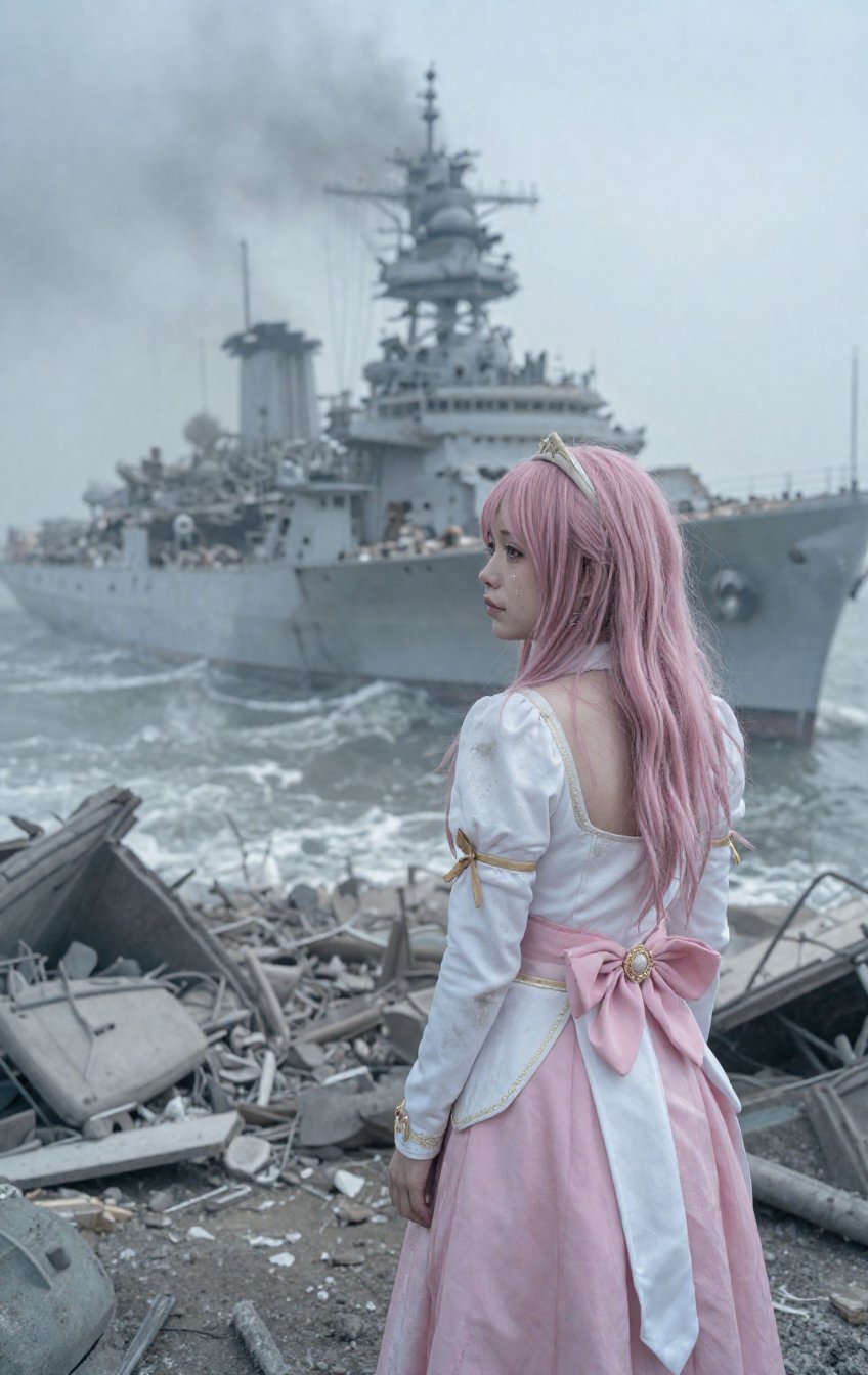 In an ultra-wide shot,  the heroine stands as a small,  solitary figure against a massive backdrop of destruction by Yello...