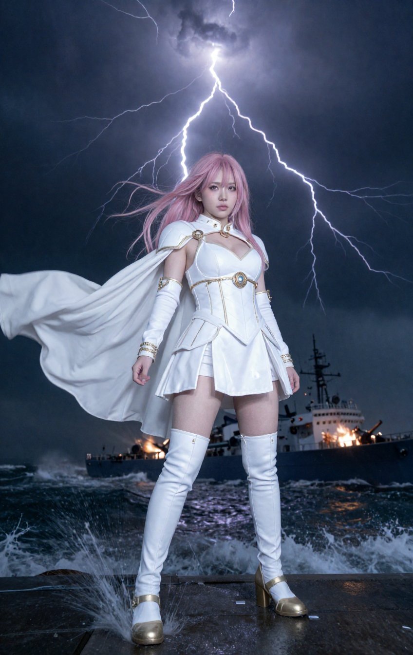In a low-angle wide-angle view,  the heroine stands tall in an open,  exposed position by YellowPika on Tensor.Art