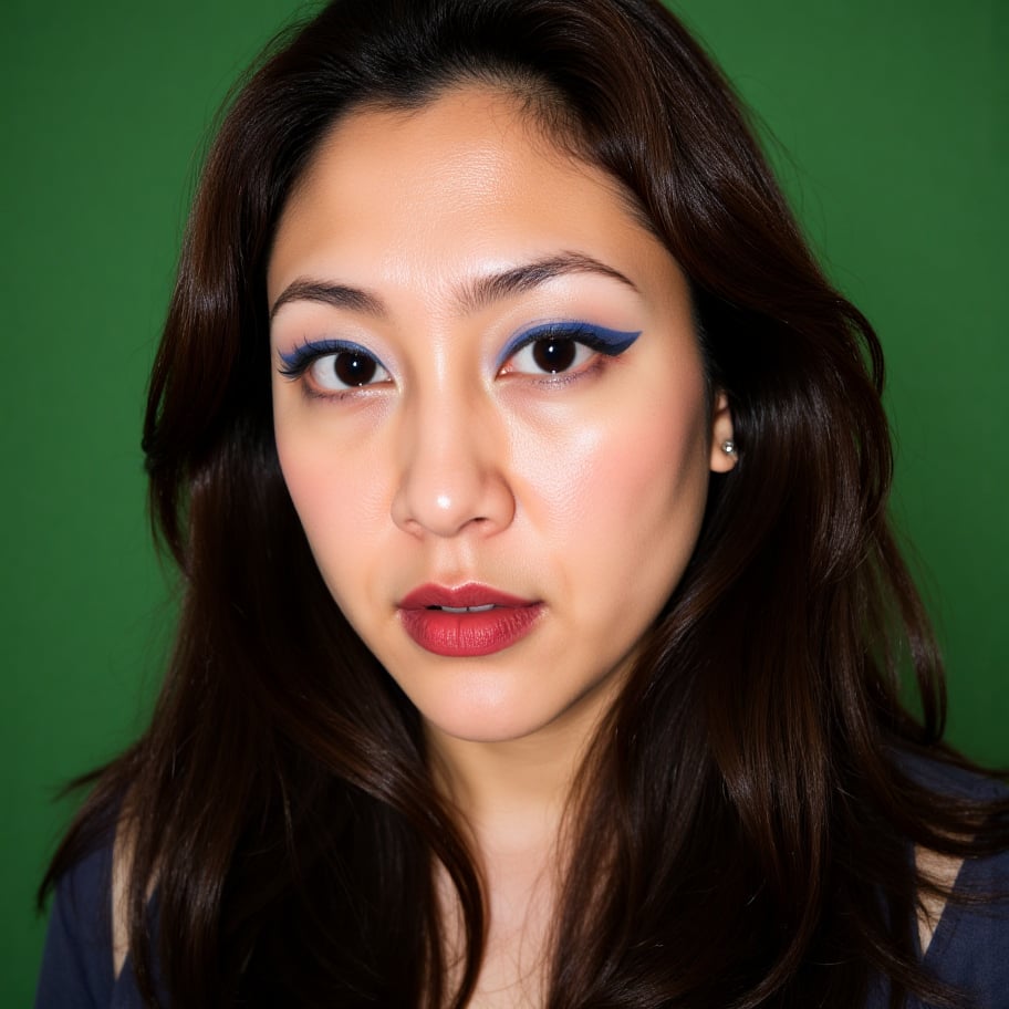 Close-up photograph of an Asian woman with long dark hair wearing vibrant blue eyeshadow thick black eyeliner and glossy r...