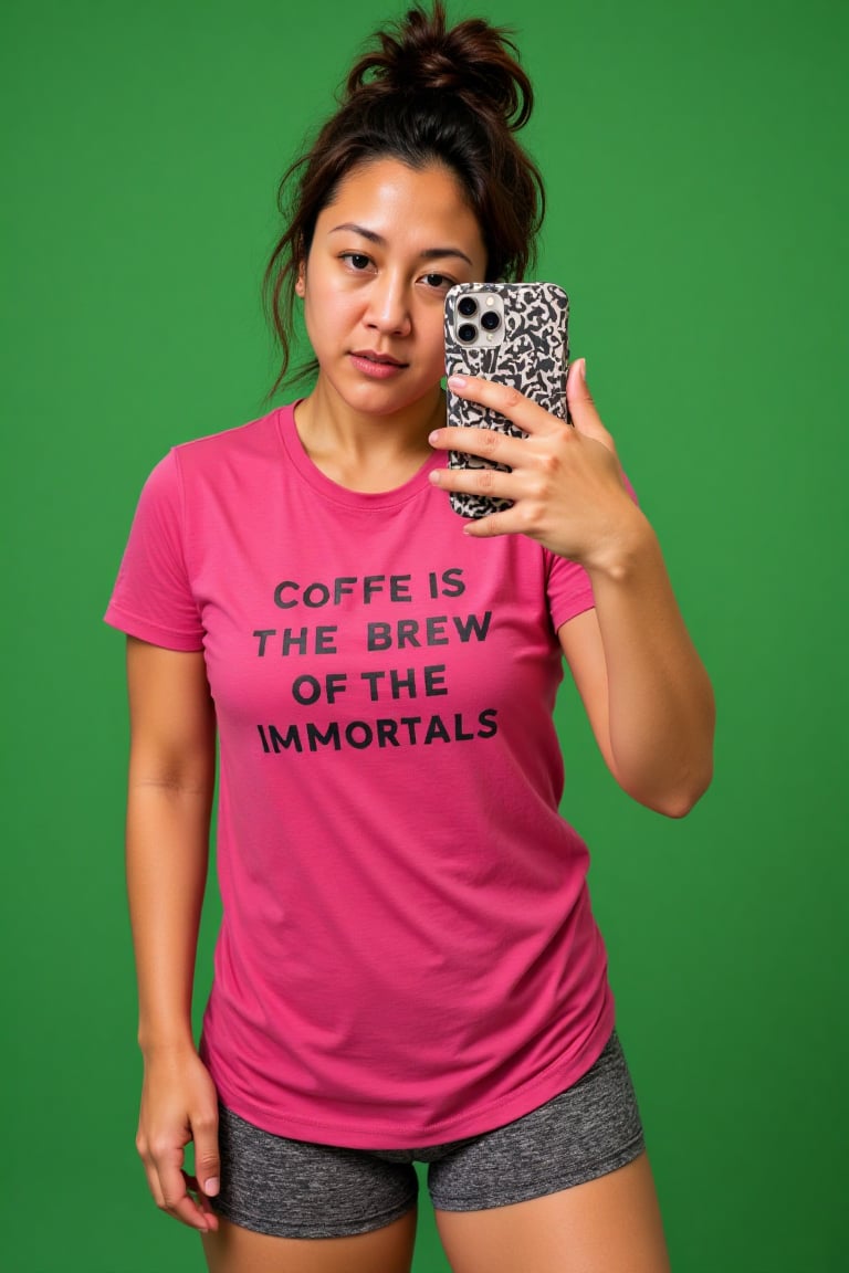 A young woman with medium brown skin and dark,  wavy hair tied in a messy bun takes a selfie in front of a green screen. S...